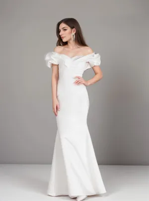 Elegant ruffled off the shoulder trumpet Italy silky satin simple wedding dress little white dress