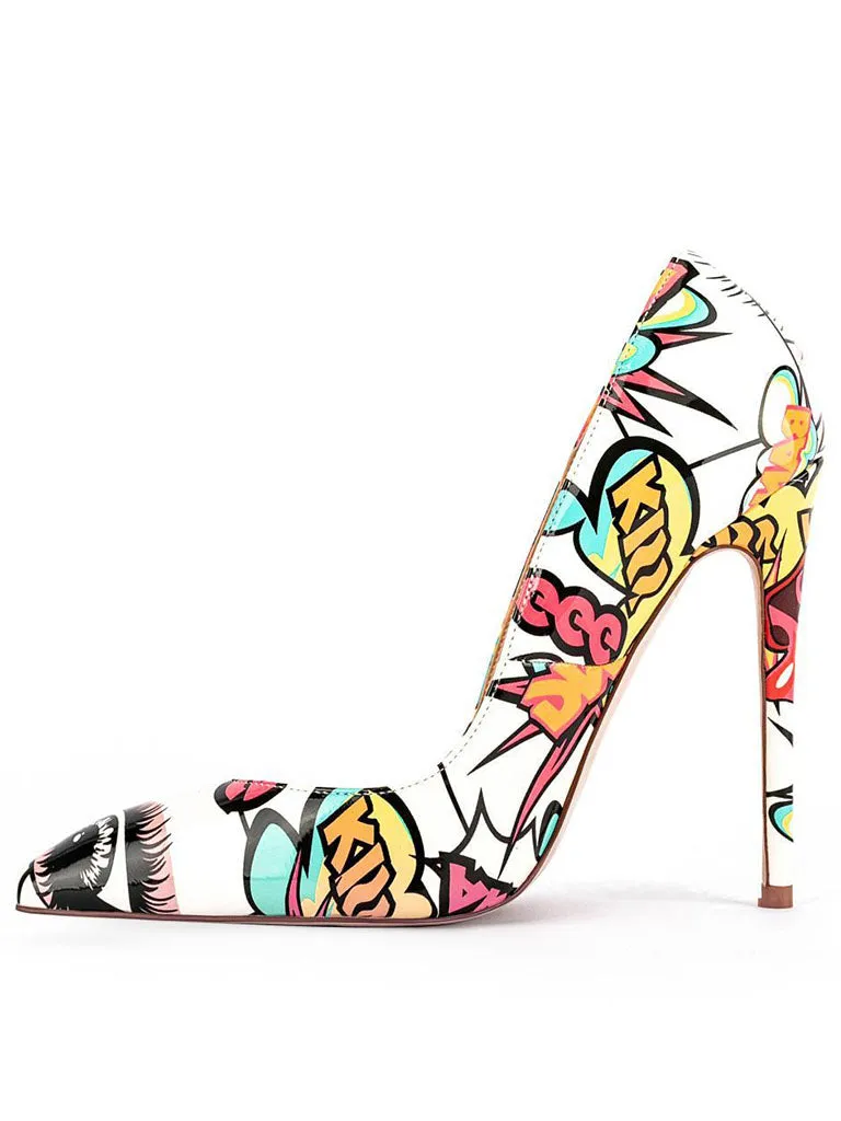 12cm Height Women's Floral Print Pointed Toe PU Leather Heels