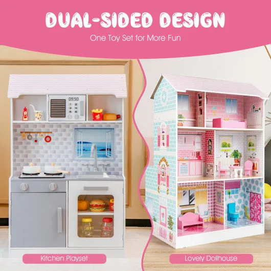 2-In-1 Double Sided Kids Kitchen Playset and Dollhouse with Furniture