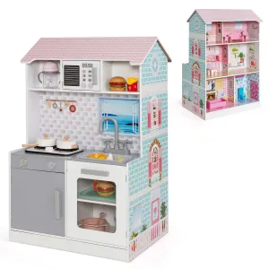 2 in 1 Kids Toy Kitchen and Dollhouse for 3  Years Old Children