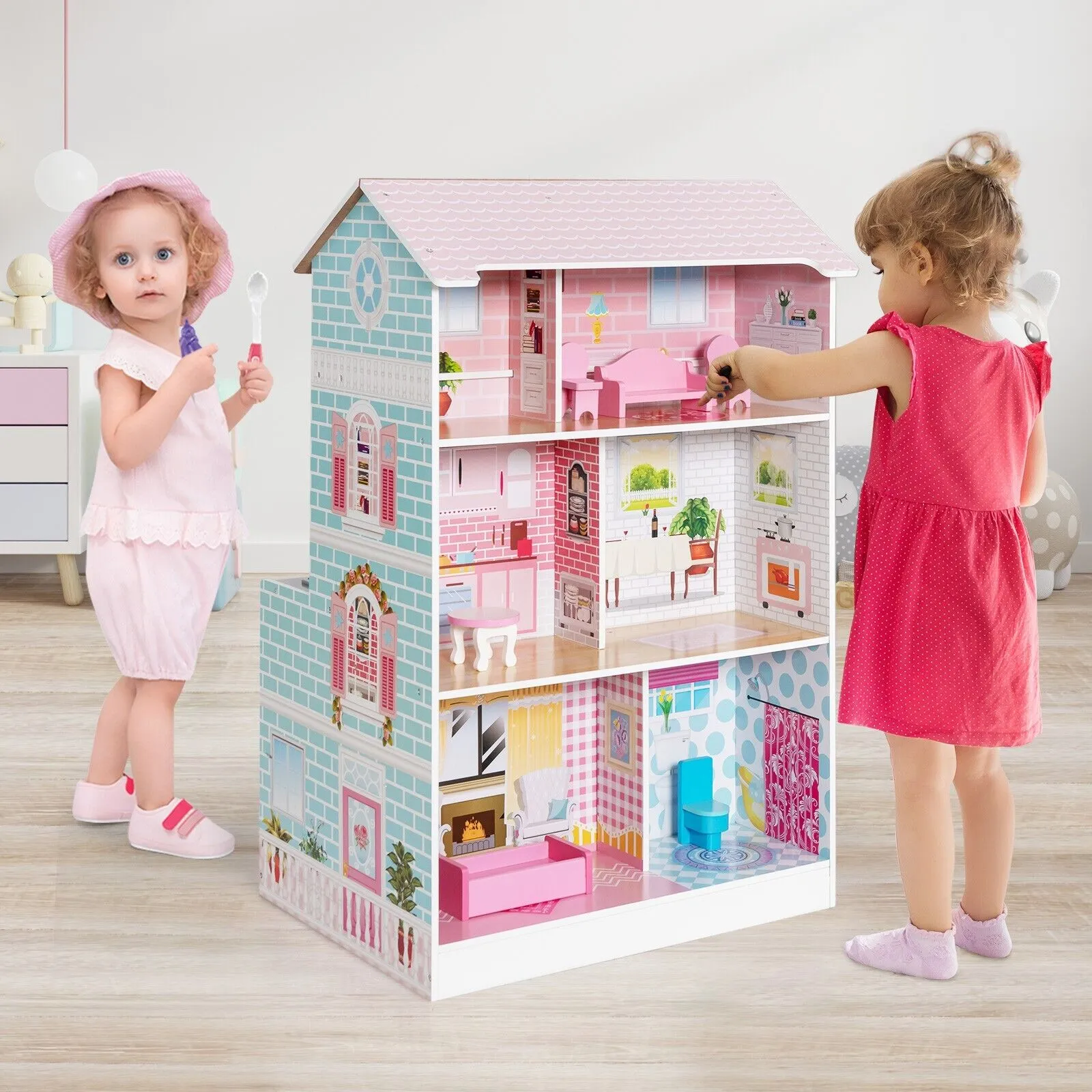 2 in 1 Kids Toy Kitchen and Dollhouse for 3  Years Old Children