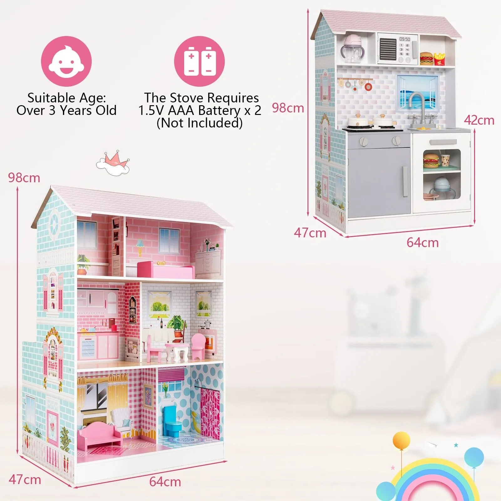 2 in 1 Kids Toy Kitchen and Dollhouse for 3  Years Old Children