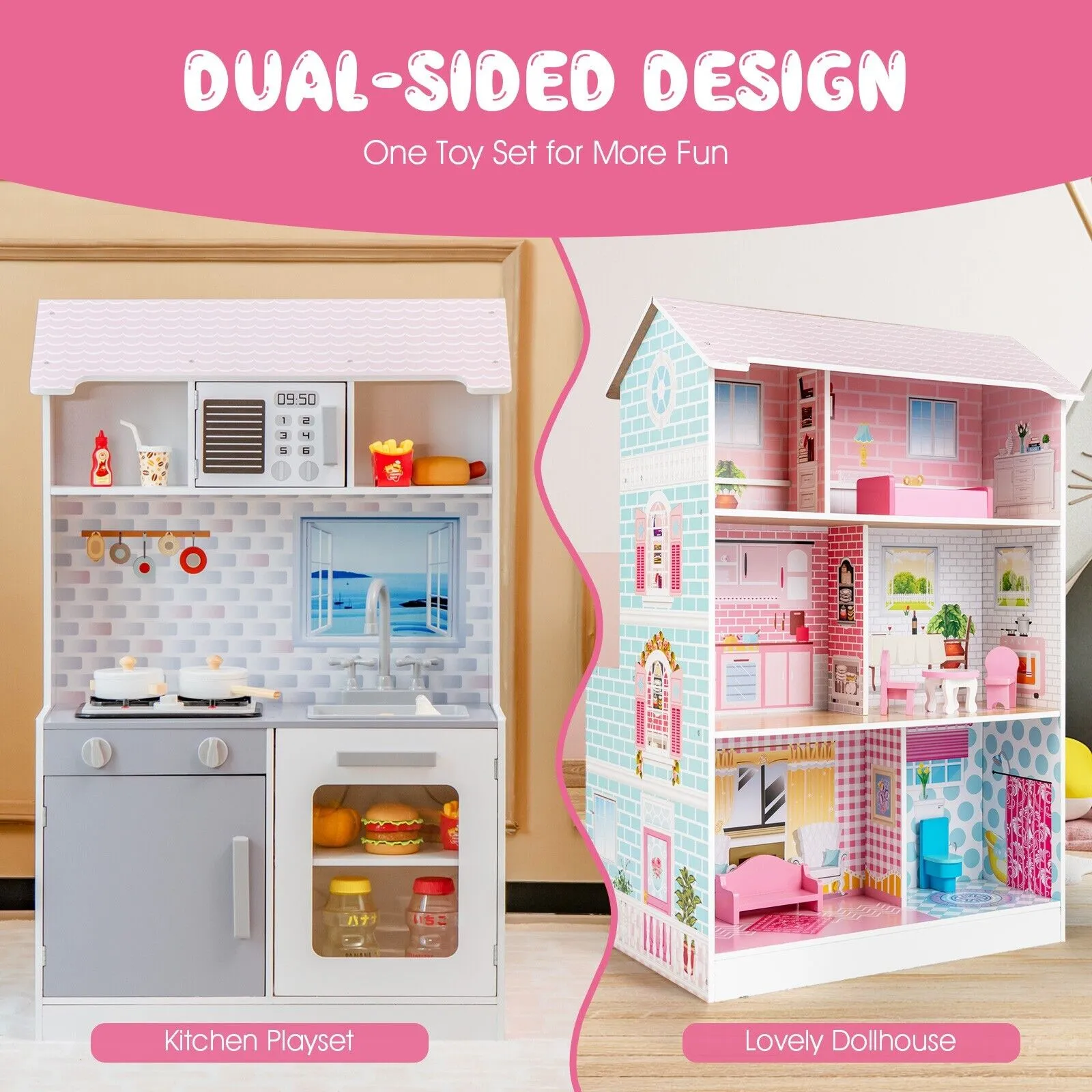 2 in 1 Kids Toy Kitchen and Dollhouse for 3  Years Old Children