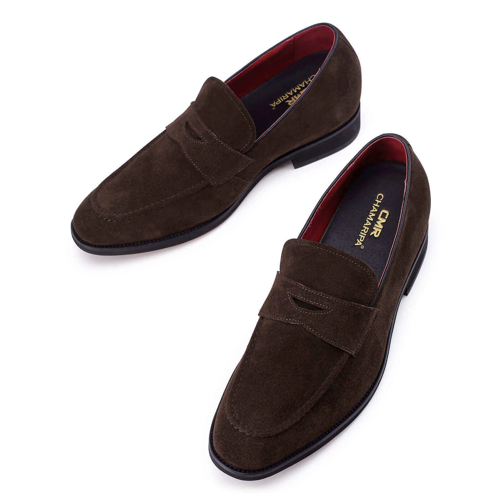 6 CM/ 2.36 Inches Taller - CMR CHAMARIPA - Hidden Heel Shoes For Men - Men's Elevator Shoes - Brown Suede Leather Penny Loafer