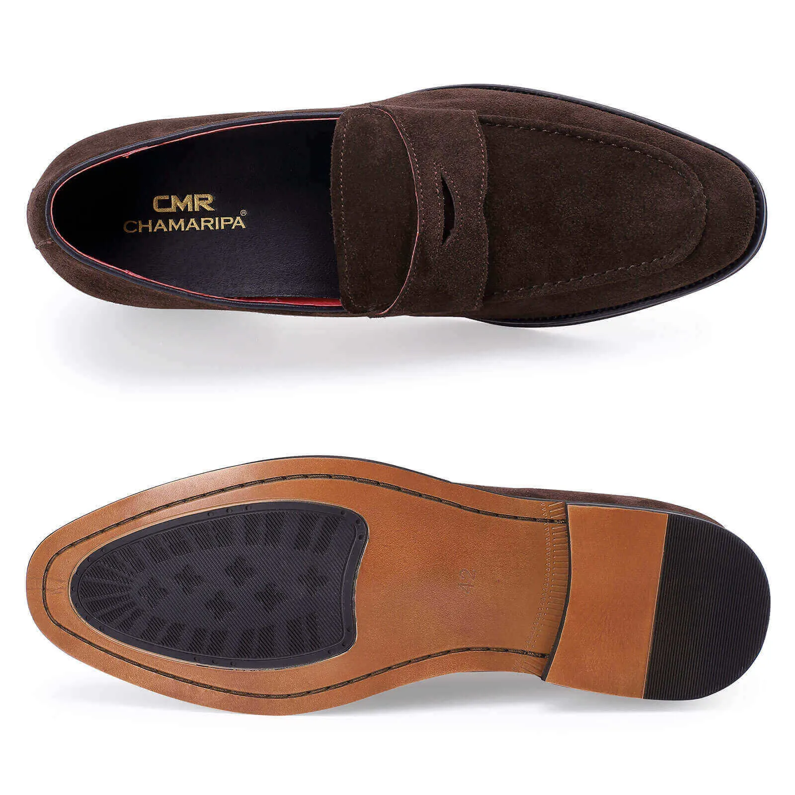 6 CM/ 2.36 Inches Taller - CMR CHAMARIPA - Hidden Heel Shoes For Men - Men's Elevator Shoes - Brown Suede Leather Penny Loafer