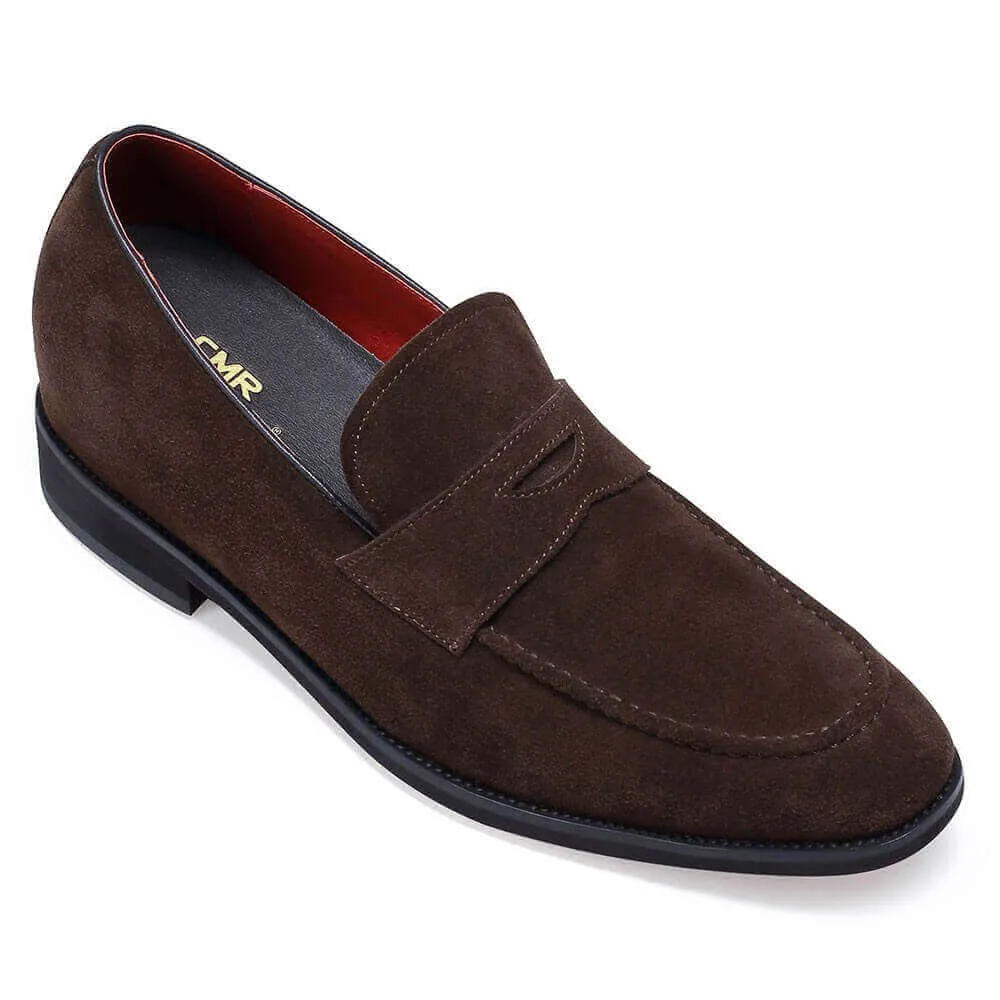 6 CM/ 2.36 Inches Taller - CMR CHAMARIPA - Hidden Heel Shoes For Men - Men's Elevator Shoes - Brown Suede Leather Penny Loafer