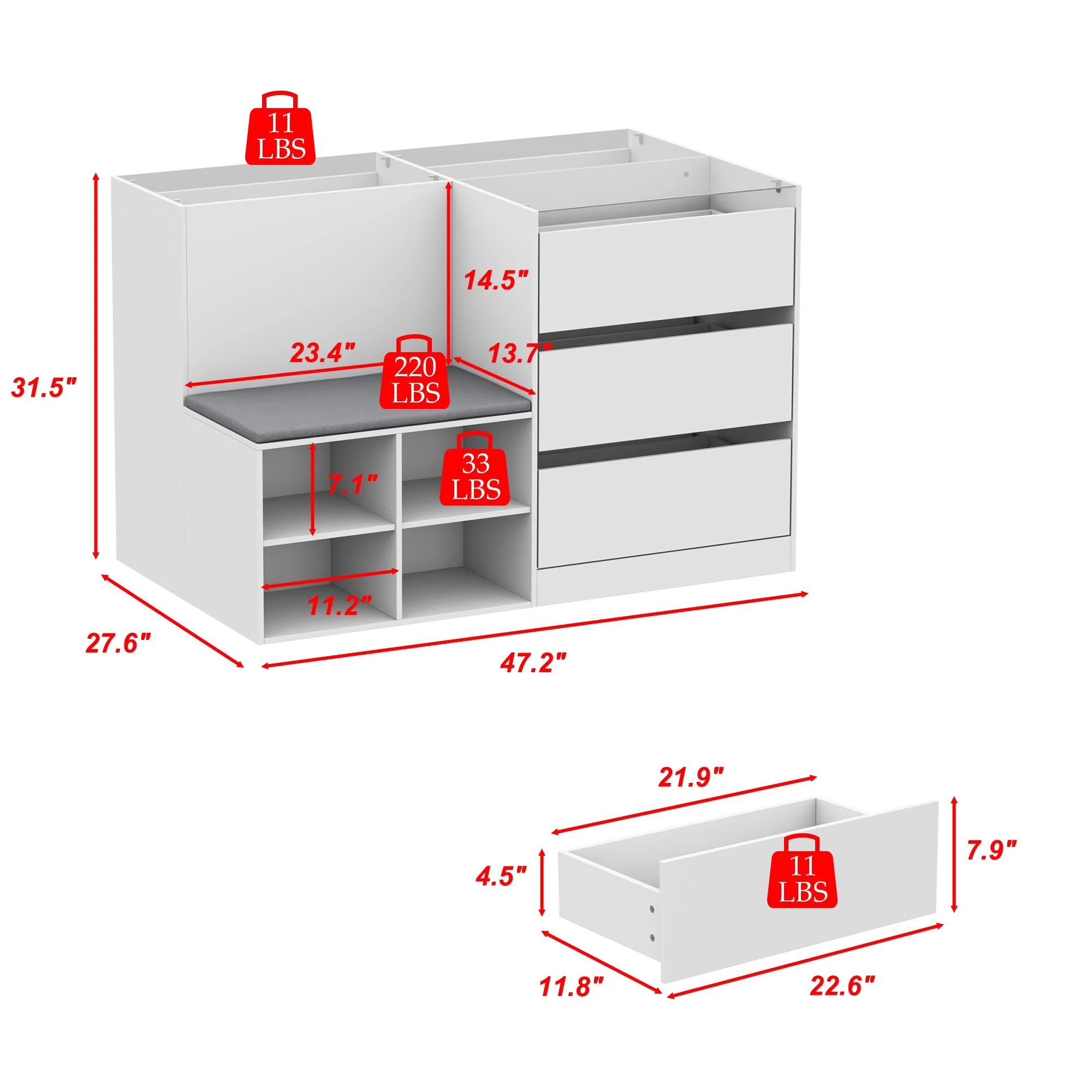 9-Drawer 4-Shelf Chest With Top And Comfortable Bench