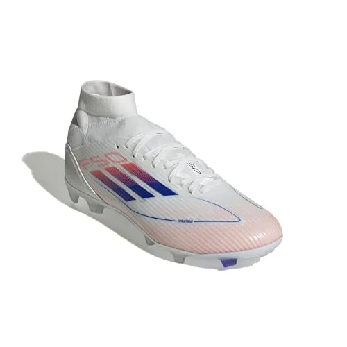 adidas Women's F50 League Mid Top Firm/Multi Ground Sneaker, White/Lucid Blue/Solar Red, 10.5