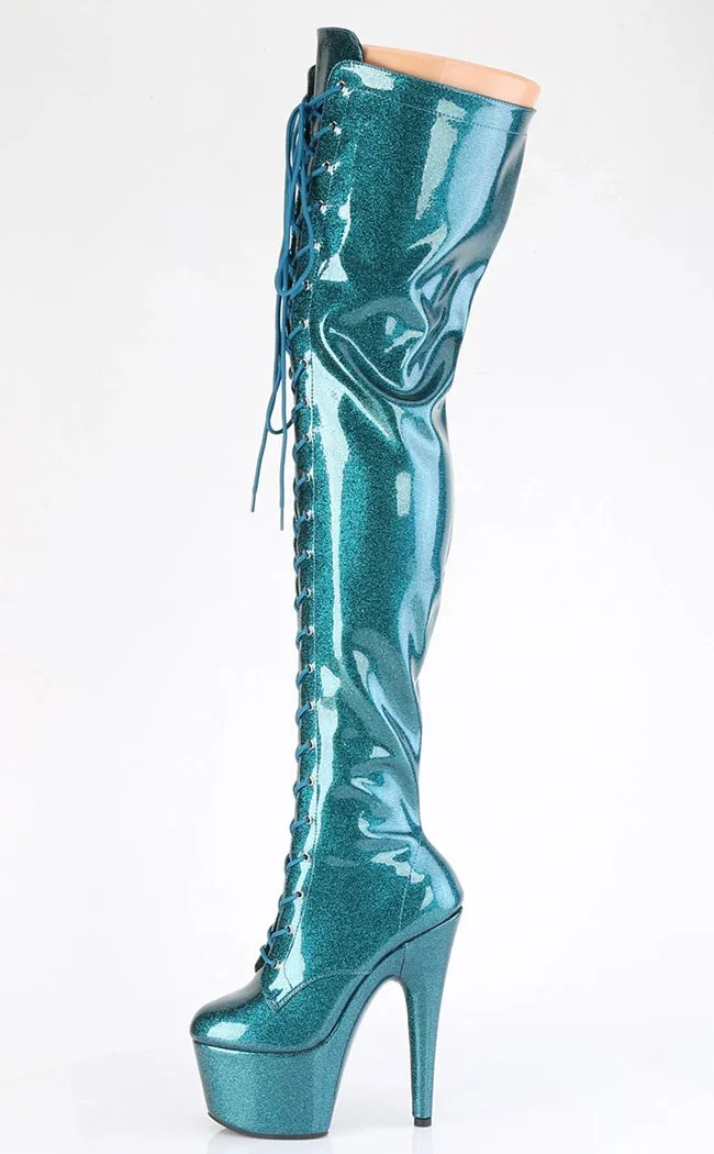 ADORE-3020GP Teal Glitter Patent Thigh High Boots