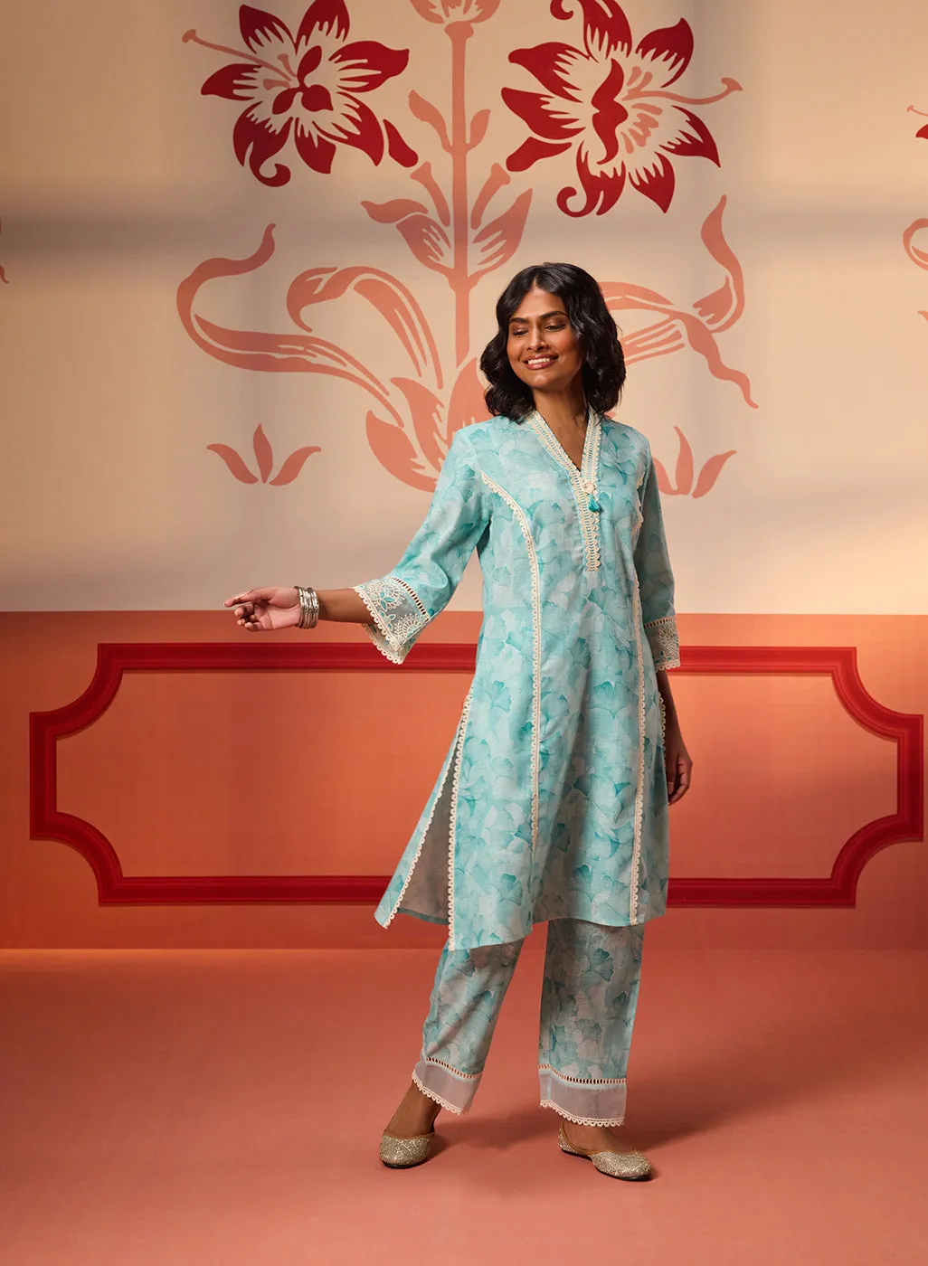 Alayna Blue Embroidered Cotton Linen Designer Kurta Set for Women