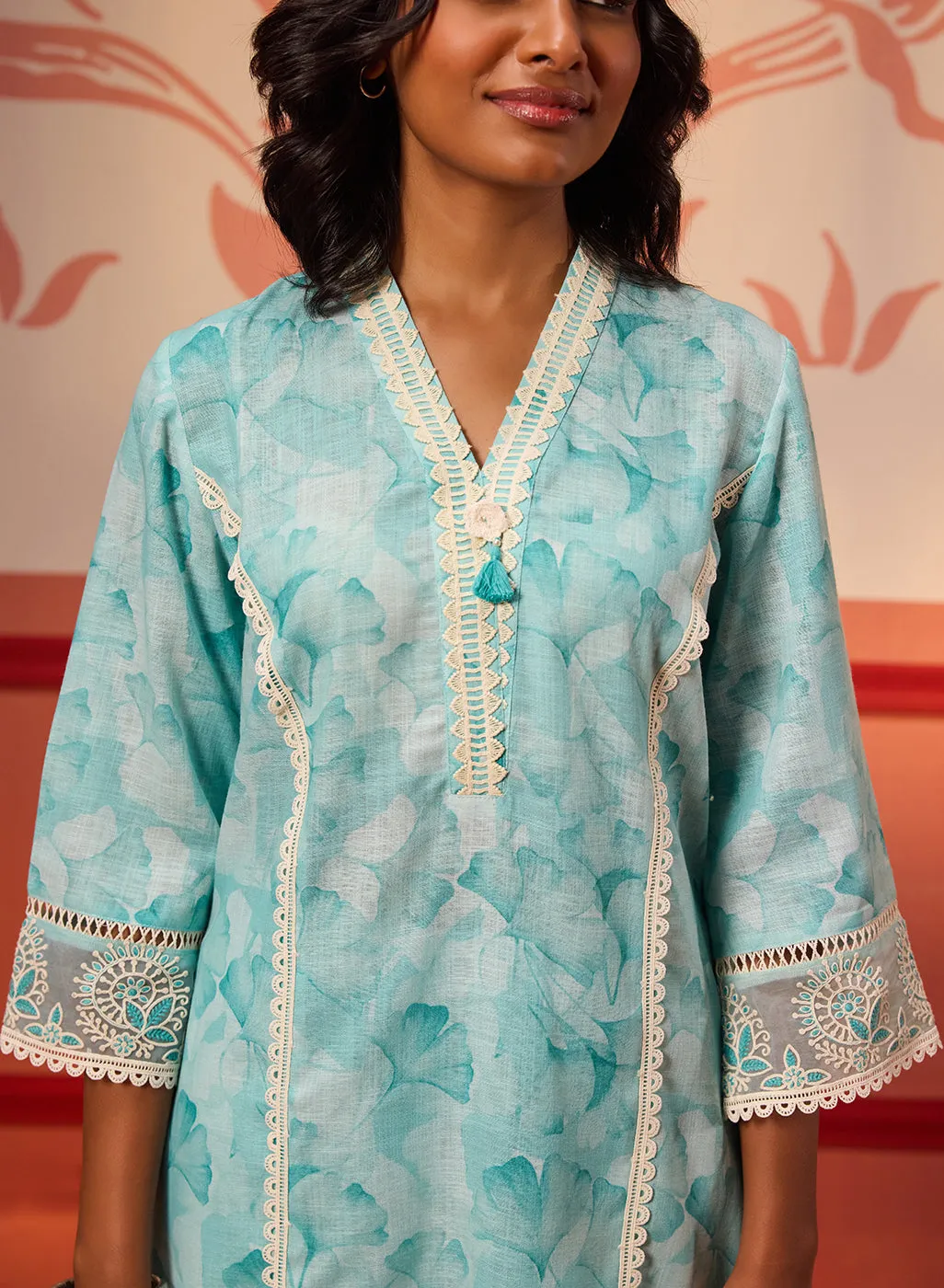 Alayna Blue Embroidered Cotton Linen Designer Kurta Set for Women