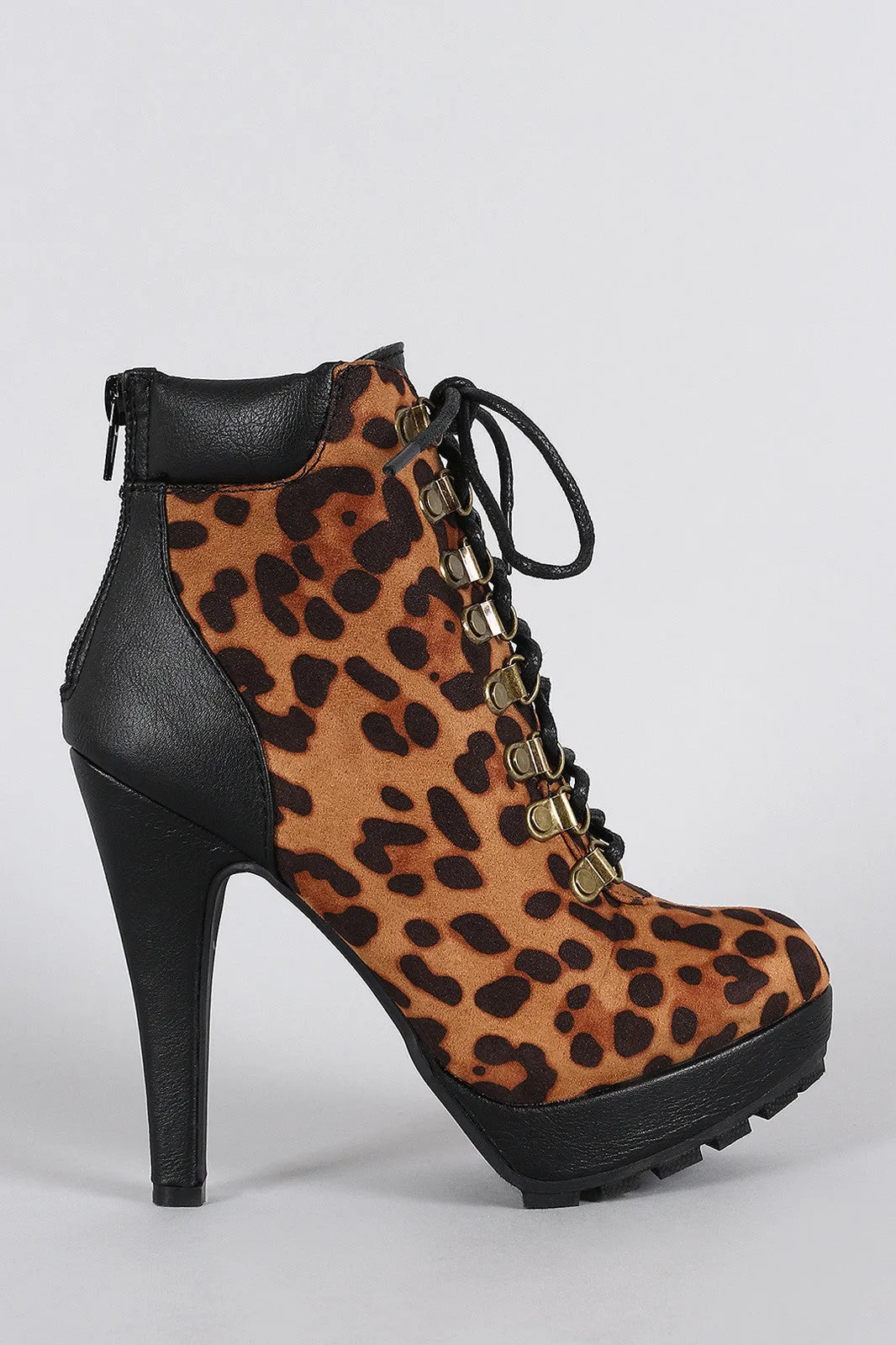 Anne Michelle Leopard Military Lace Up Lug Sole Platform Heeled Booties