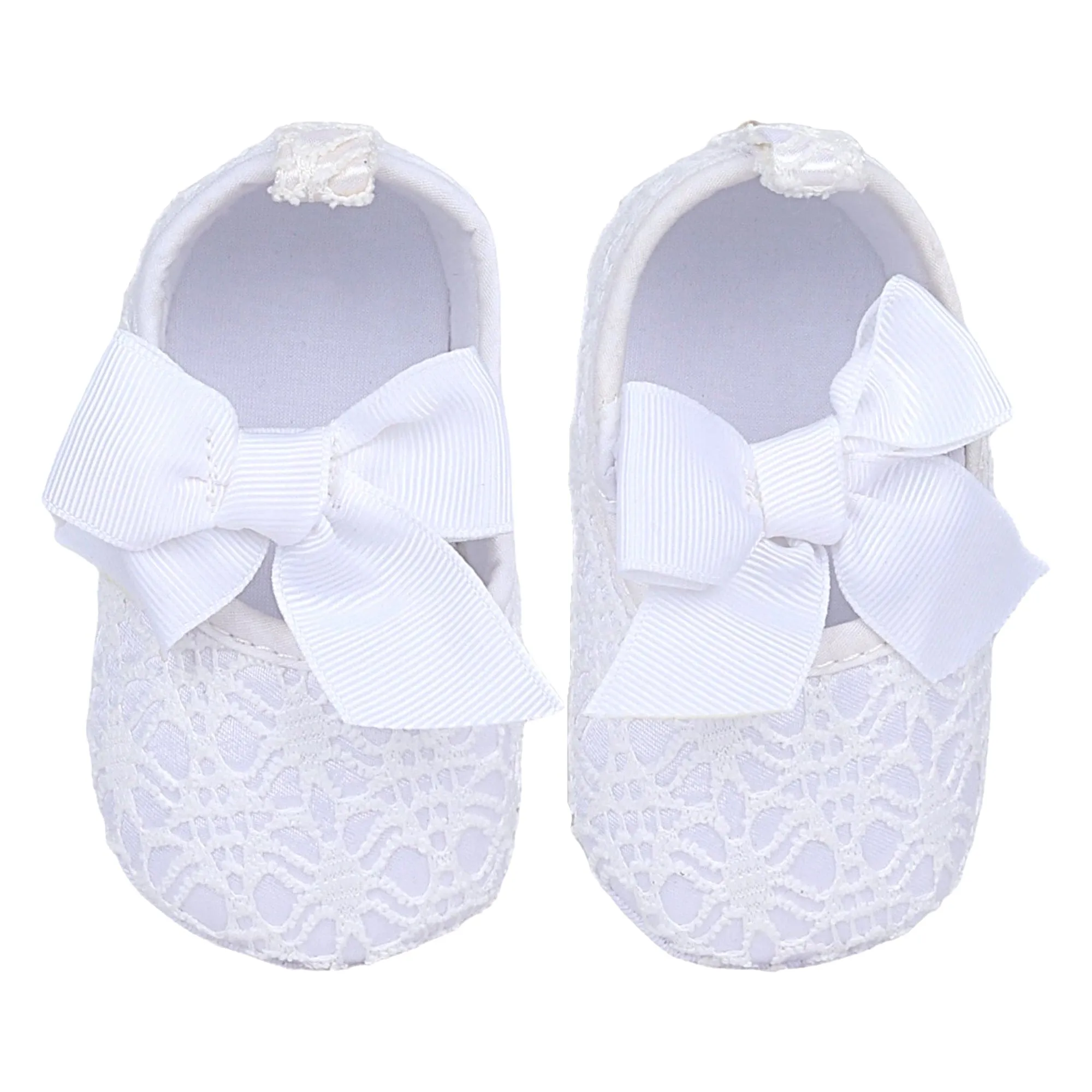 Baby Moo Big Bow Satin Lace Elastic Strap Ballerina Booties - White