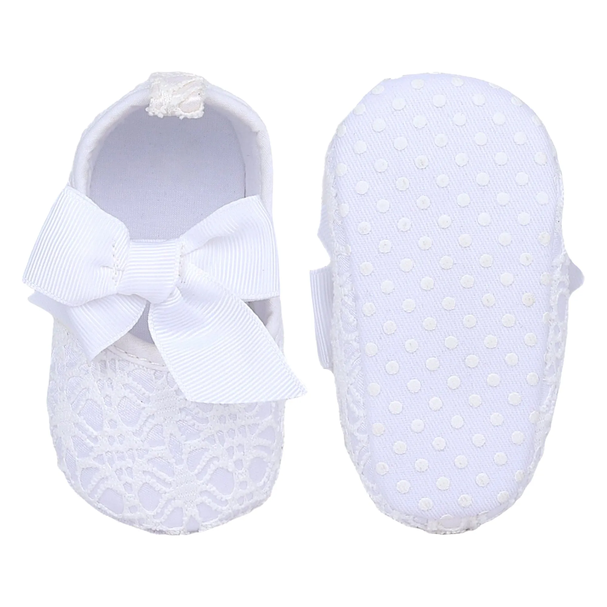 Baby Moo Big Bow Satin Lace Elastic Strap Ballerina Booties - White