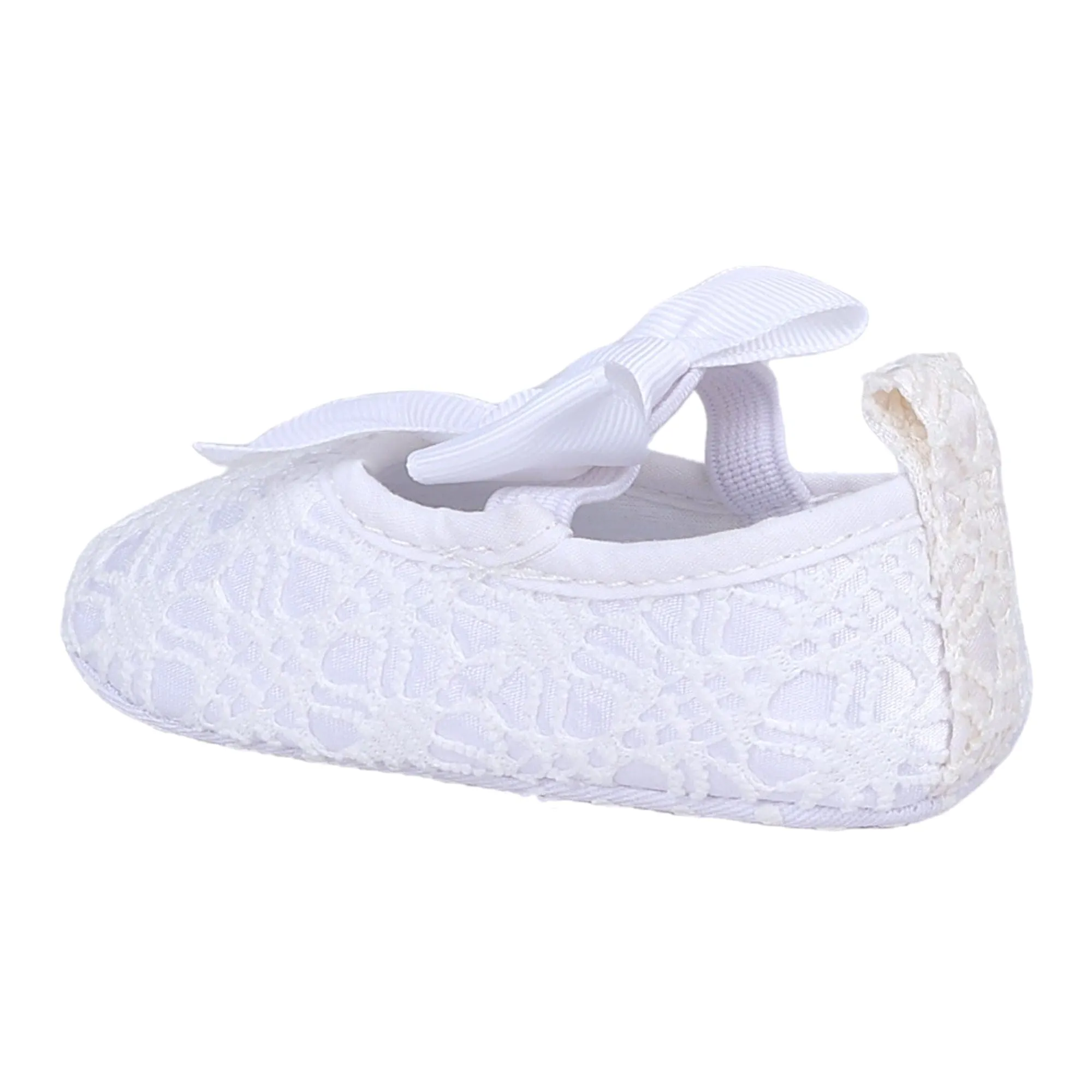 Baby Moo Big Bow Satin Lace Elastic Strap Ballerina Booties - White