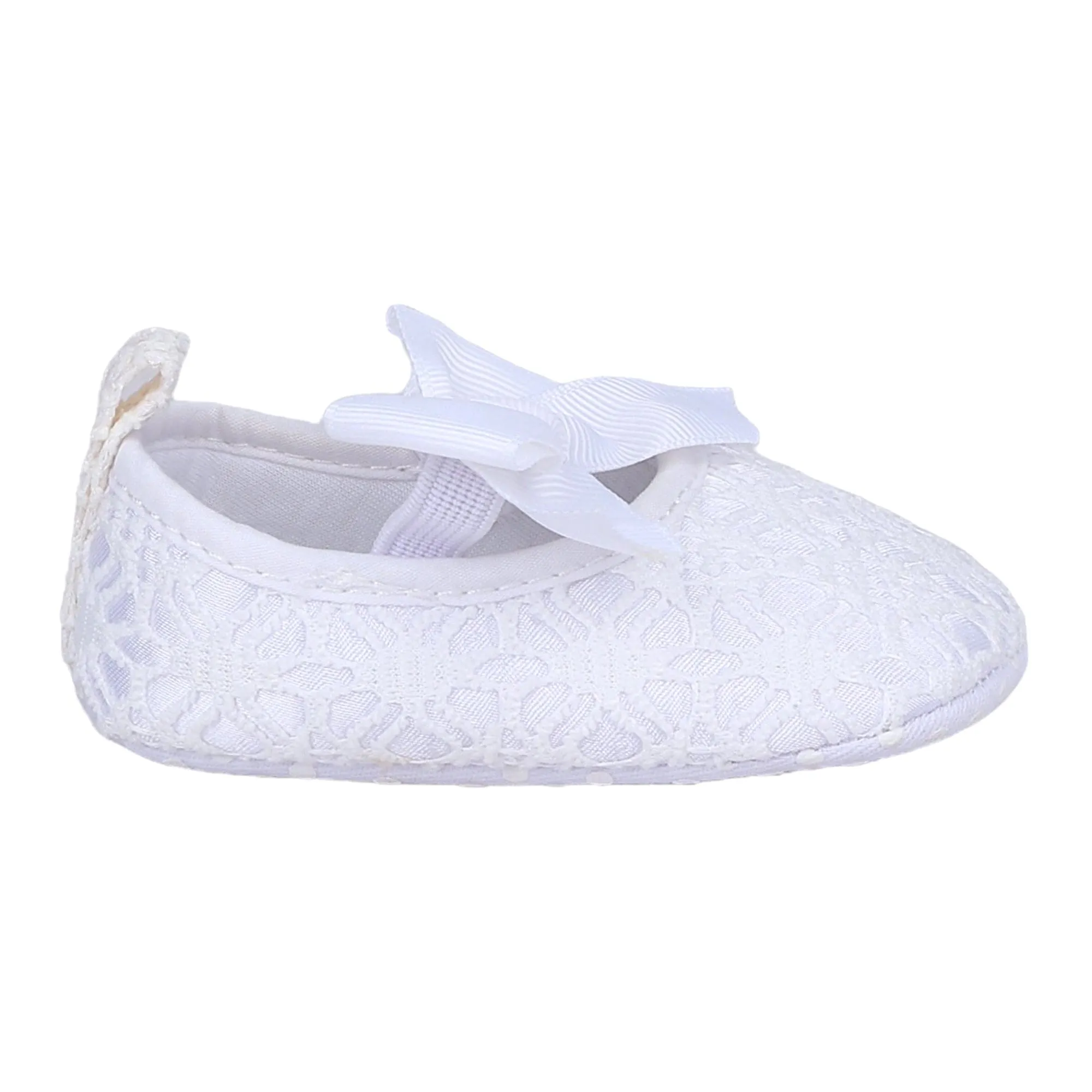 Baby Moo Big Bow Satin Lace Elastic Strap Ballerina Booties - White