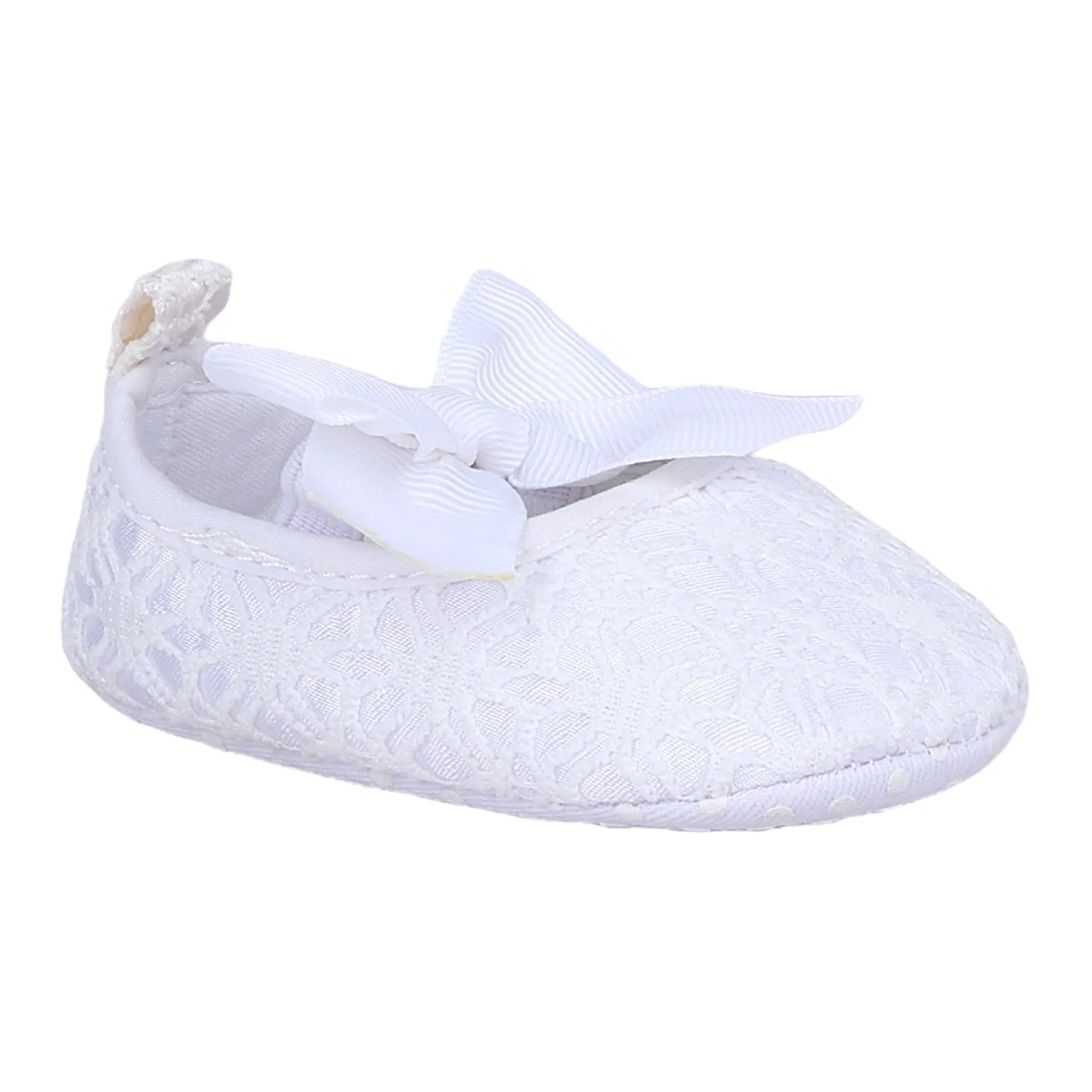 Baby Moo Big Bow Satin Lace Elastic Strap Ballerina Booties - White