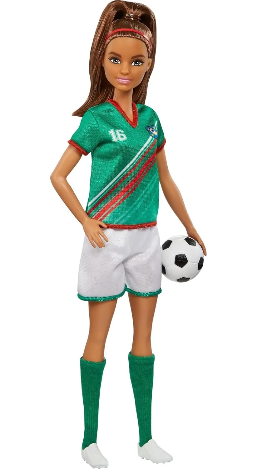 Barbie Soccer Doll, Brunette Ponytail, Colorful 16 Uniform, Soccer Ball, Cleats, Tall Socks, Great Sports for Ages 3 