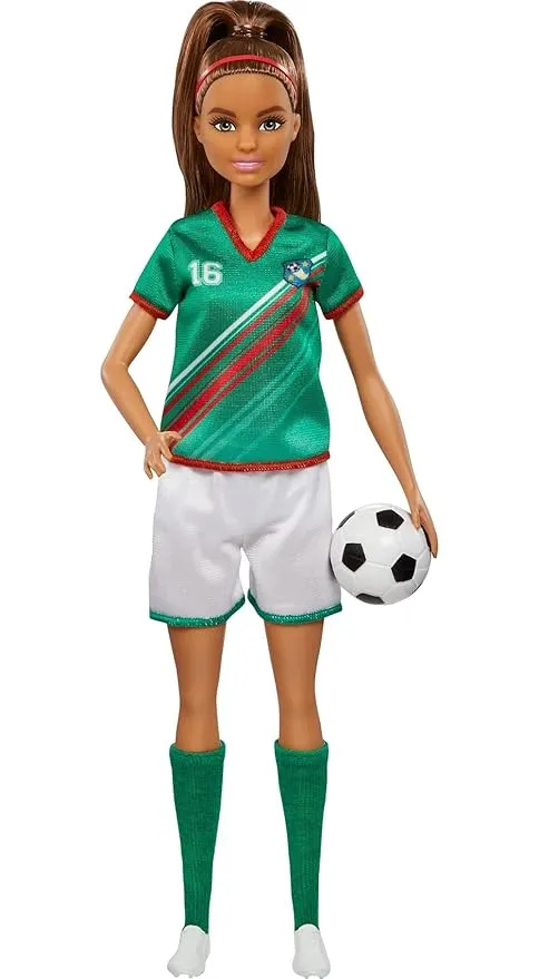 Barbie Soccer Doll, Brunette Ponytail, Colorful 16 Uniform, Soccer Ball, Cleats, Tall Socks, Great Sports for Ages 3 