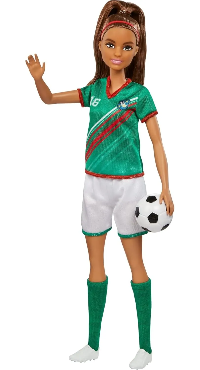 Barbie Soccer Doll, Brunette Ponytail, Colorful 16 Uniform, Soccer Ball, Cleats, Tall Socks, Great Sports for Ages 3 