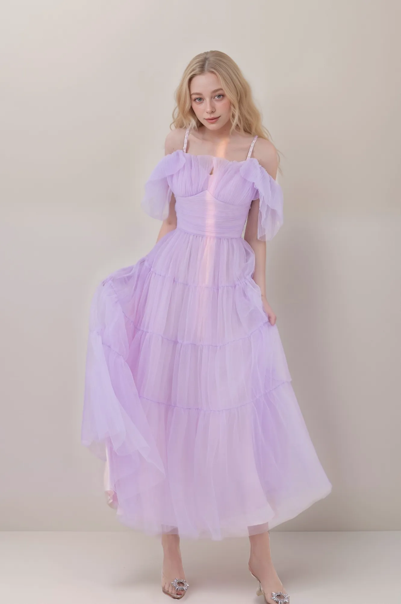 Beaded Spaghetti-straps ruffled sleeves tea length tulle prom dress