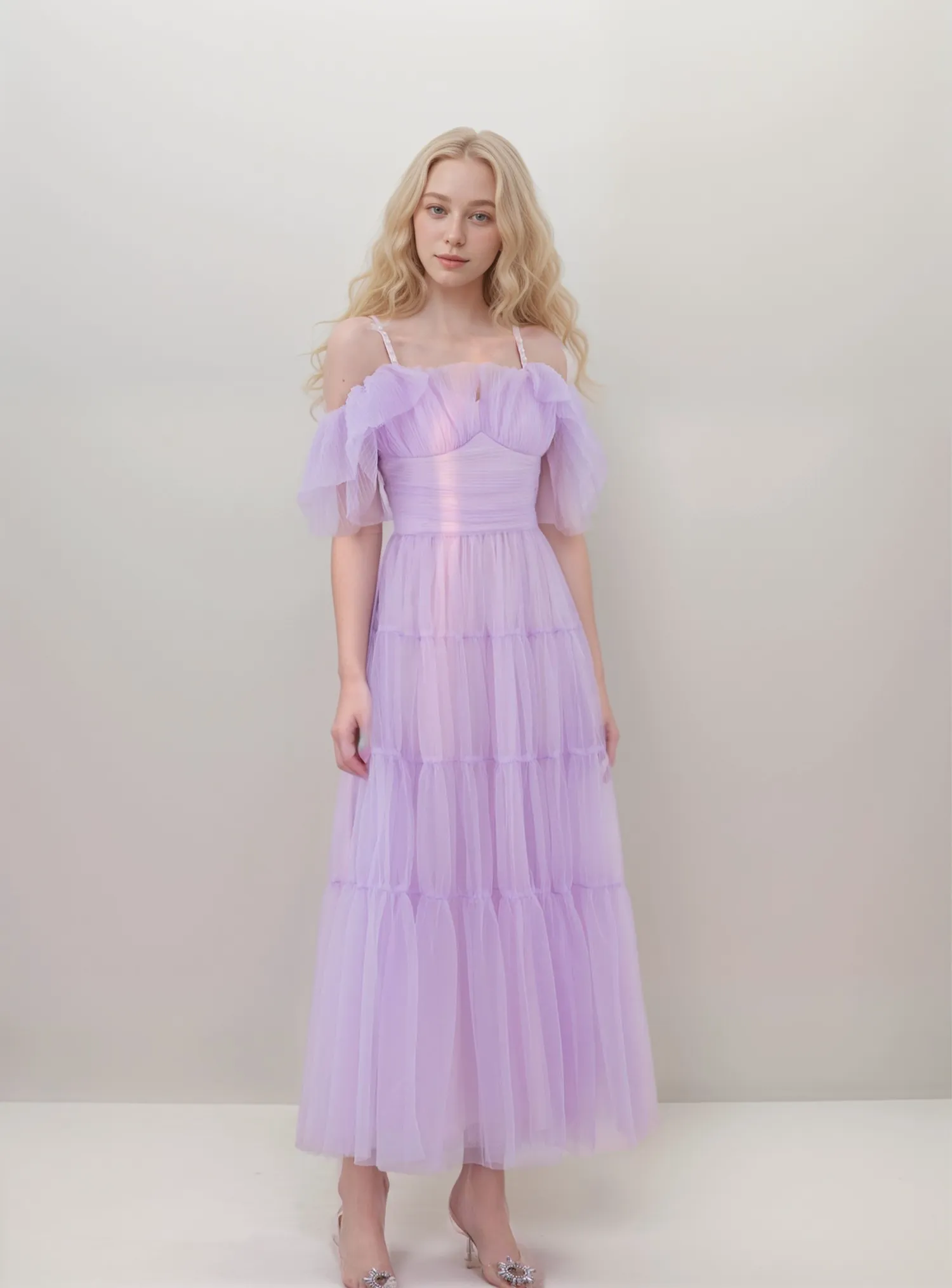 Beaded Spaghetti-straps ruffled sleeves tea length tulle prom dress