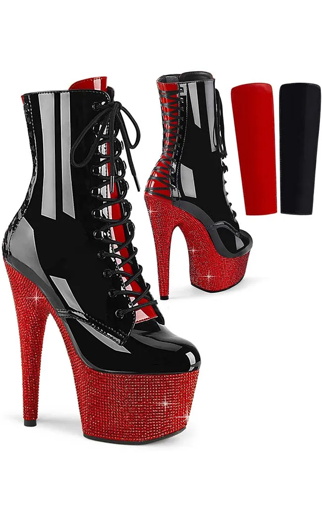 BEJEWELED-1020FH-7 Black & Red Patent Rhinestone Boots