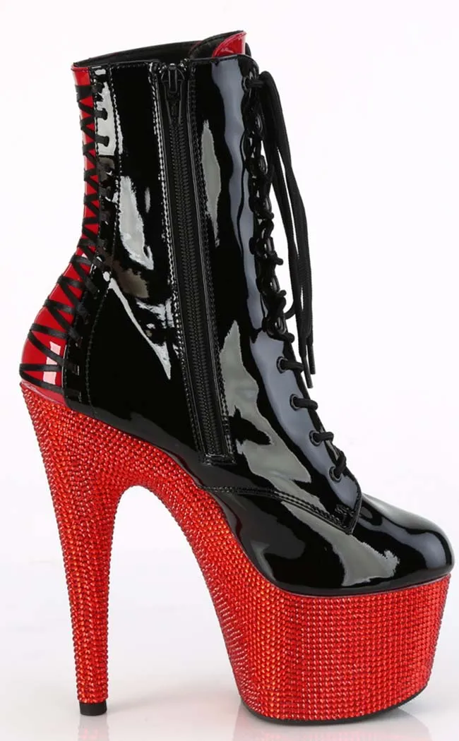 BEJEWELED-1020FH-7 Black & Red Patent Rhinestone Boots