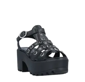 Black Leather Chunky Wedge Platform Sandals