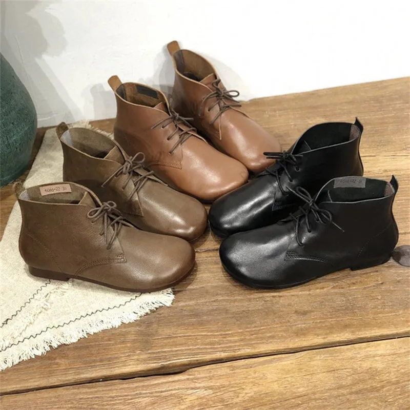 Brush-Off Leather Martin Boots Lace-Up Soft Barefoot Ankle Booties Casual Work Combat Boots Coffee/Brown/Black