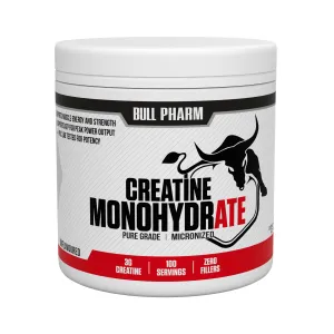 BULLPHARM Micronized Creatine Monohydrate Powder | Unflavored | Muscle Growth, Increased Strength, Enhanced Energy Output and Improved Athletic Performance | FSSAI India Approved (300 Grams)