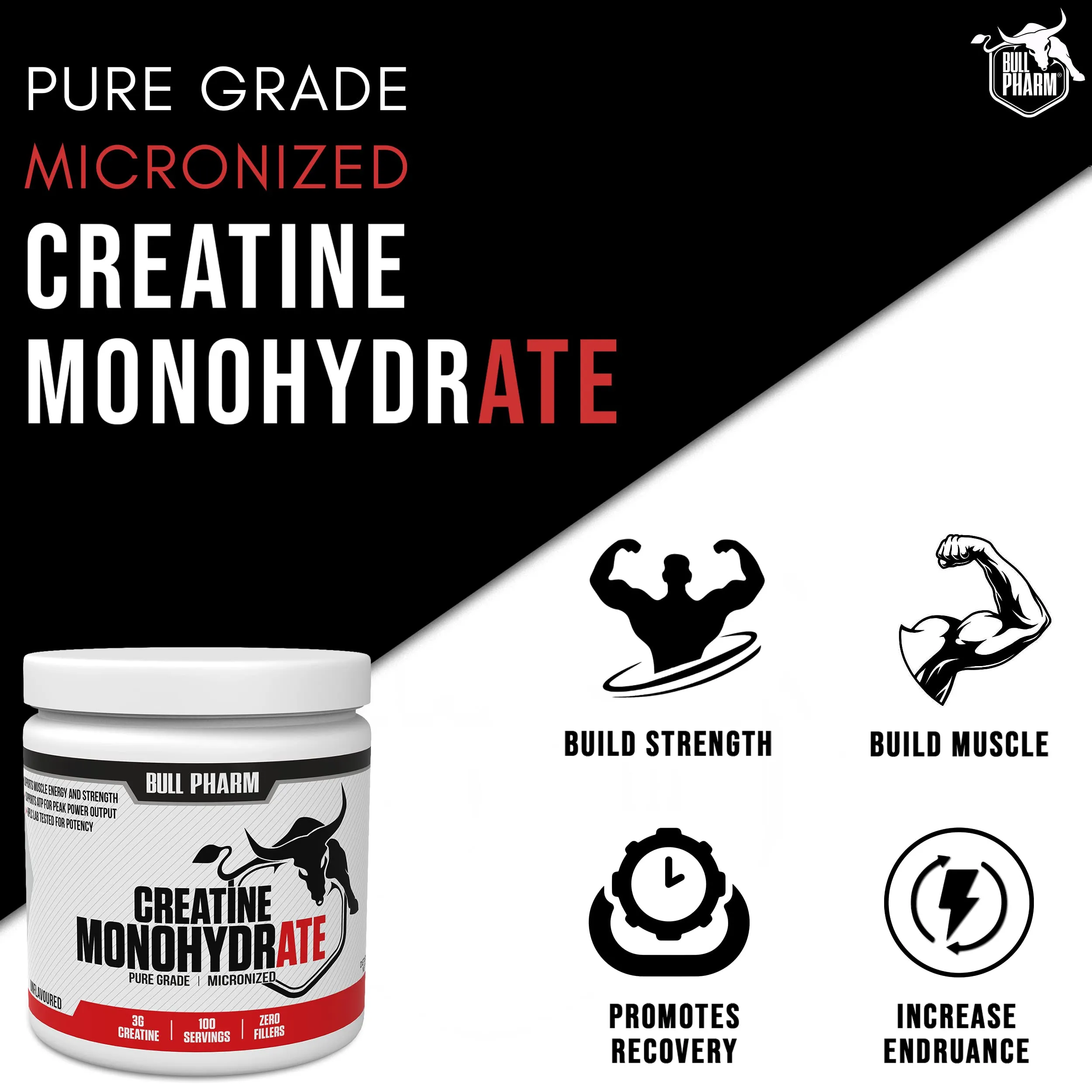 BULLPHARM Micronized Creatine Monohydrate Powder | Unflavored | Muscle Growth, Increased Strength, Enhanced Energy Output and Improved Athletic Performance | FSSAI India Approved (300 Grams)