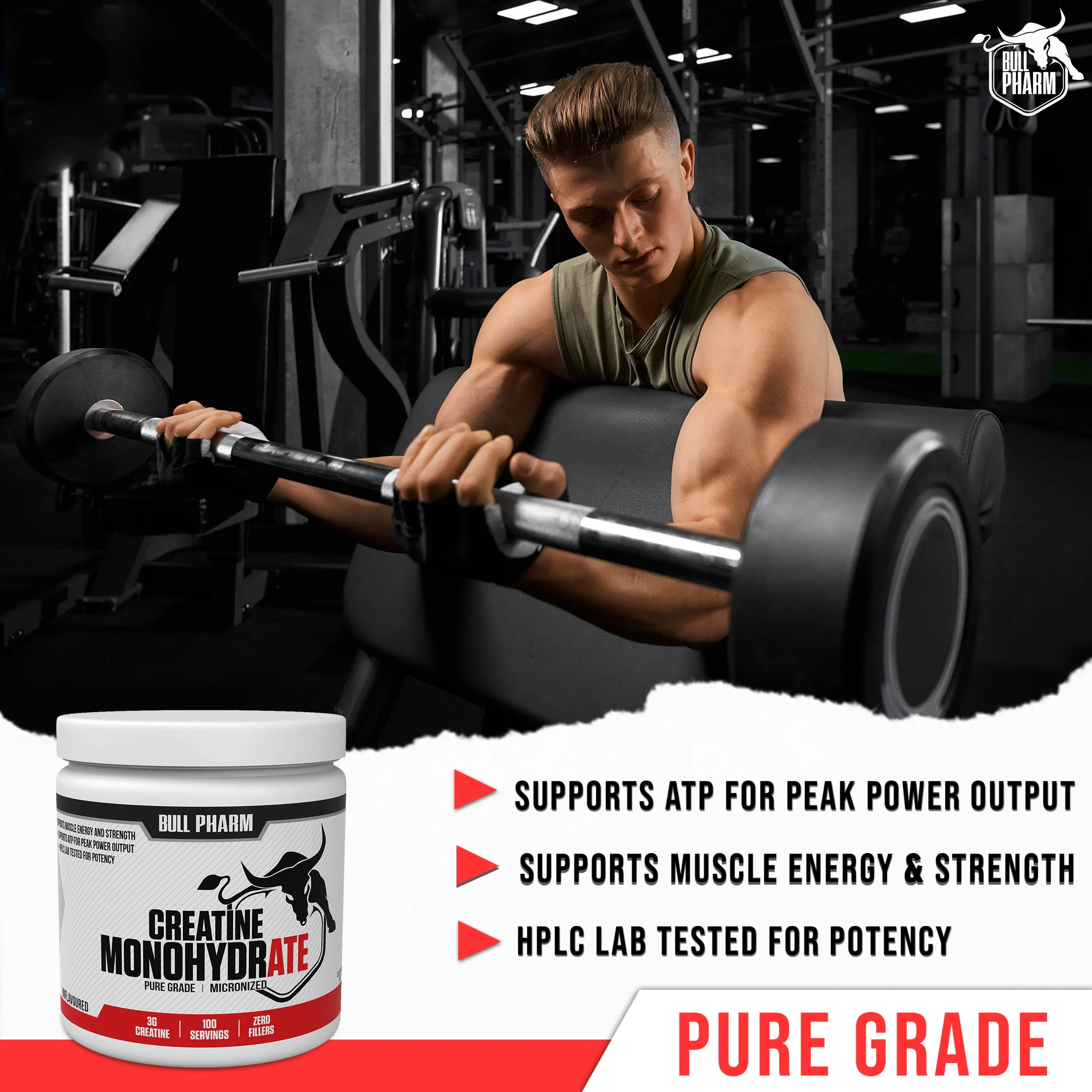 BULLPHARM Micronized Creatine Monohydrate Powder | Unflavored | Muscle Growth, Increased Strength, Enhanced Energy Output and Improved Athletic Performance | FSSAI India Approved (300 Grams)