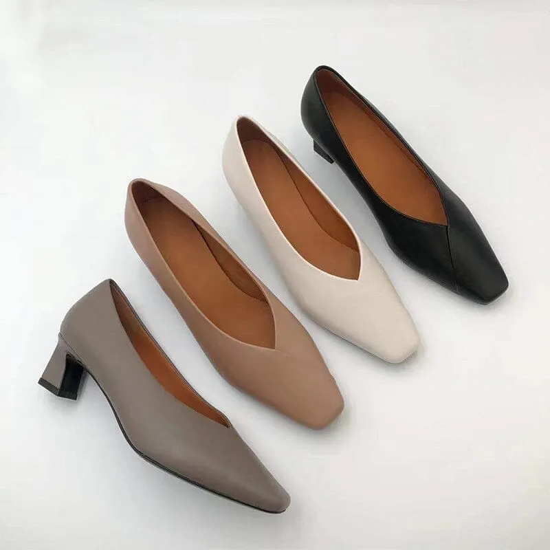 Calfskin Square Toe Block Heeled Slip-On Pumps Office Shoes in Beige/Black/Nude/Grey