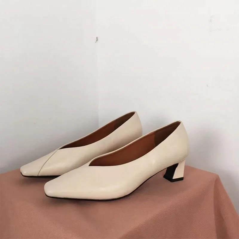 Calfskin Square Toe Block Heeled Slip-On Pumps Office Shoes in Beige/Black/Nude/Grey