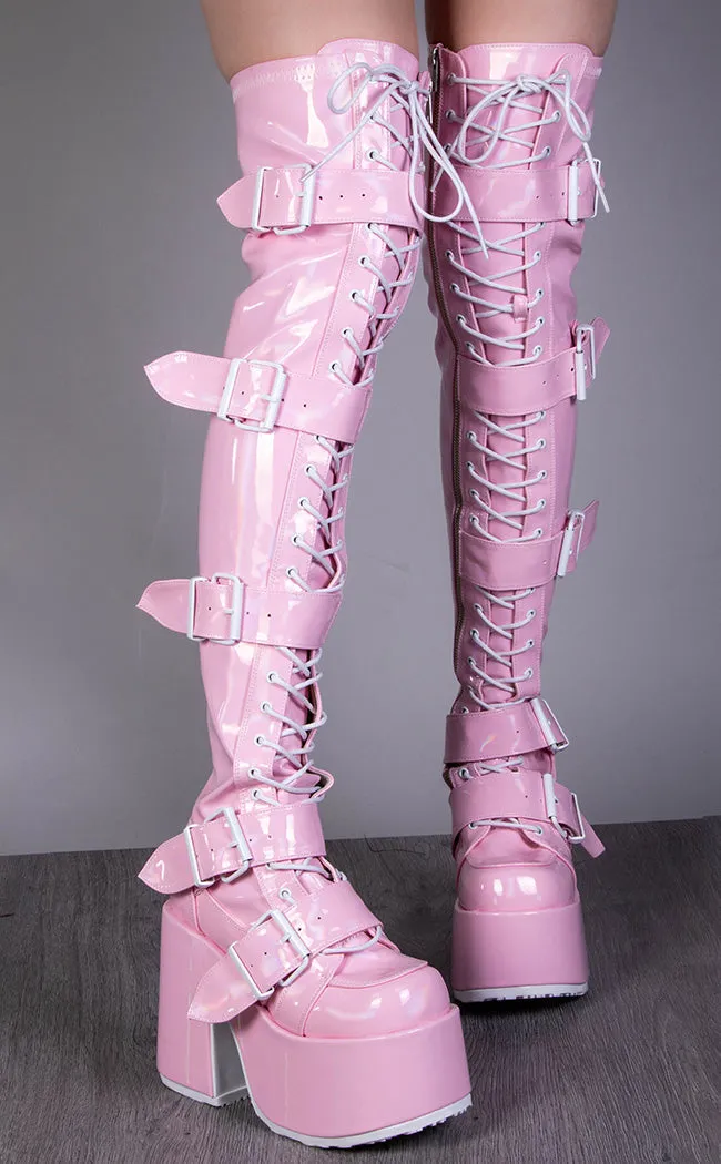 CAMEL-305 Baby Pink Holo Thigh High Boots (Au Stock)