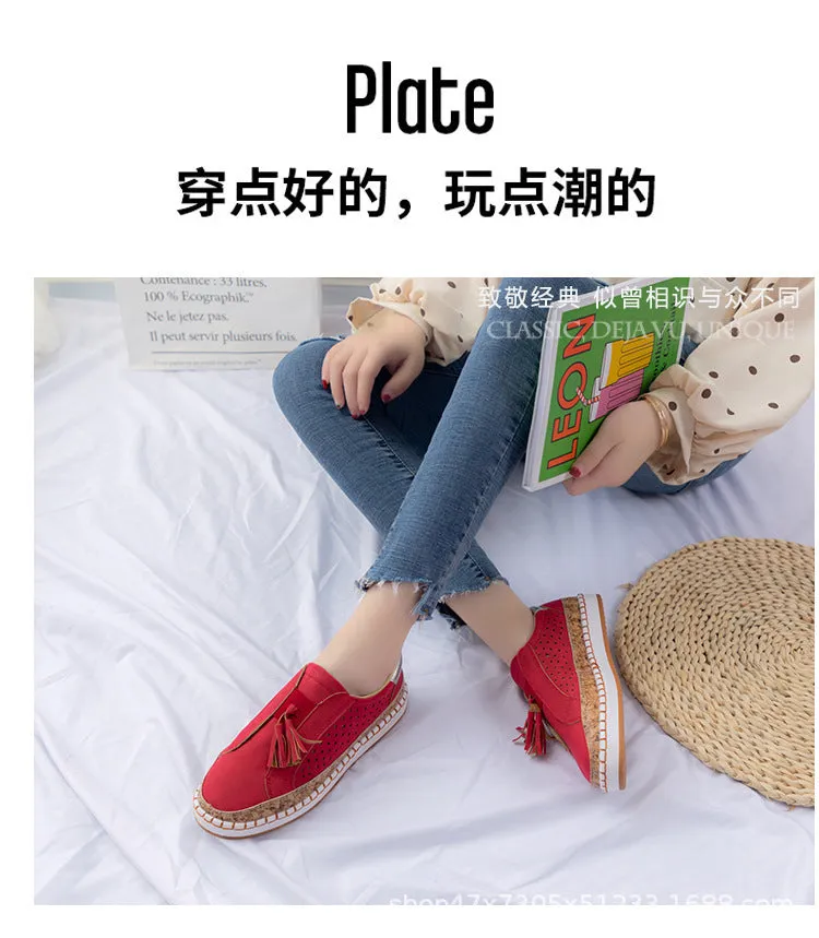 Casual Shoes Female Color Matching Tassel Plus Size Round Head Flat