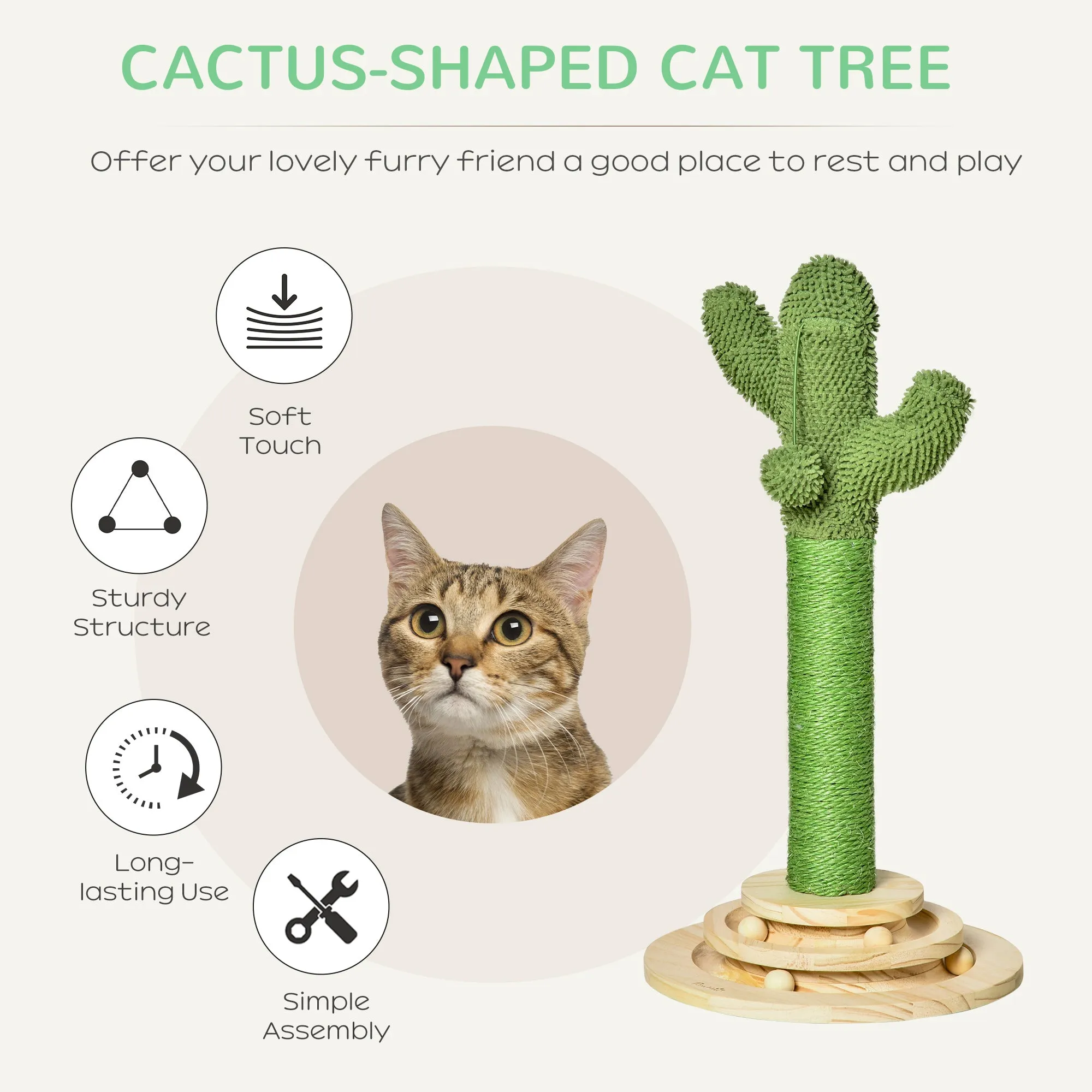 Cat Tree Cactus Sisal Scratching Post for Indoor Cats Play Tower Kitten Furniture with Hanging Ball Interactive Fun Roller Exerciser 32 x 32 x 60cm