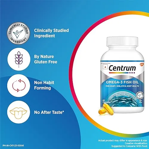 Centrum Omega-3 Fish Oil (60 Capsules) with EPA & DHA to support Joint, Heart, Skin, Eye, Brain, Hair & Muscle Health | World's #1 Multivitamin Brand