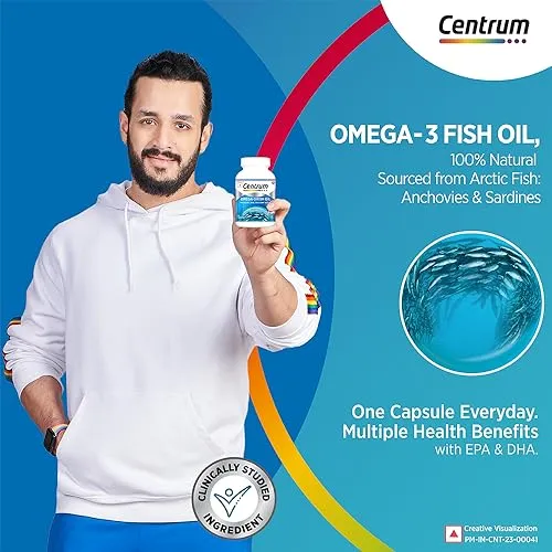 Centrum Omega-3 Fish Oil (60 Capsules) with EPA & DHA to support Joint, Heart, Skin, Eye, Brain, Hair & Muscle Health | World's #1 Multivitamin Brand