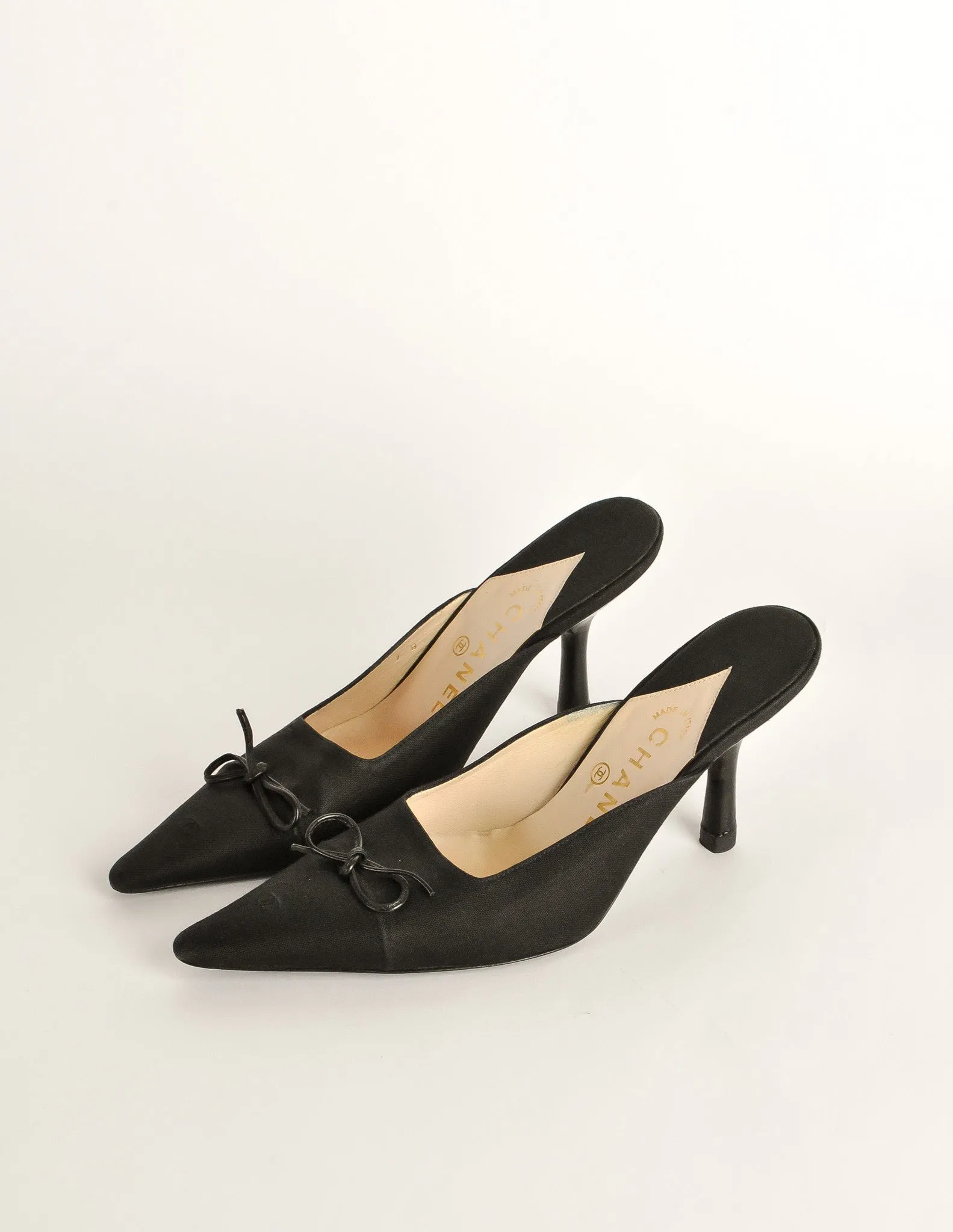 Chanel Vintage Black Pointed Toe Bow Mules