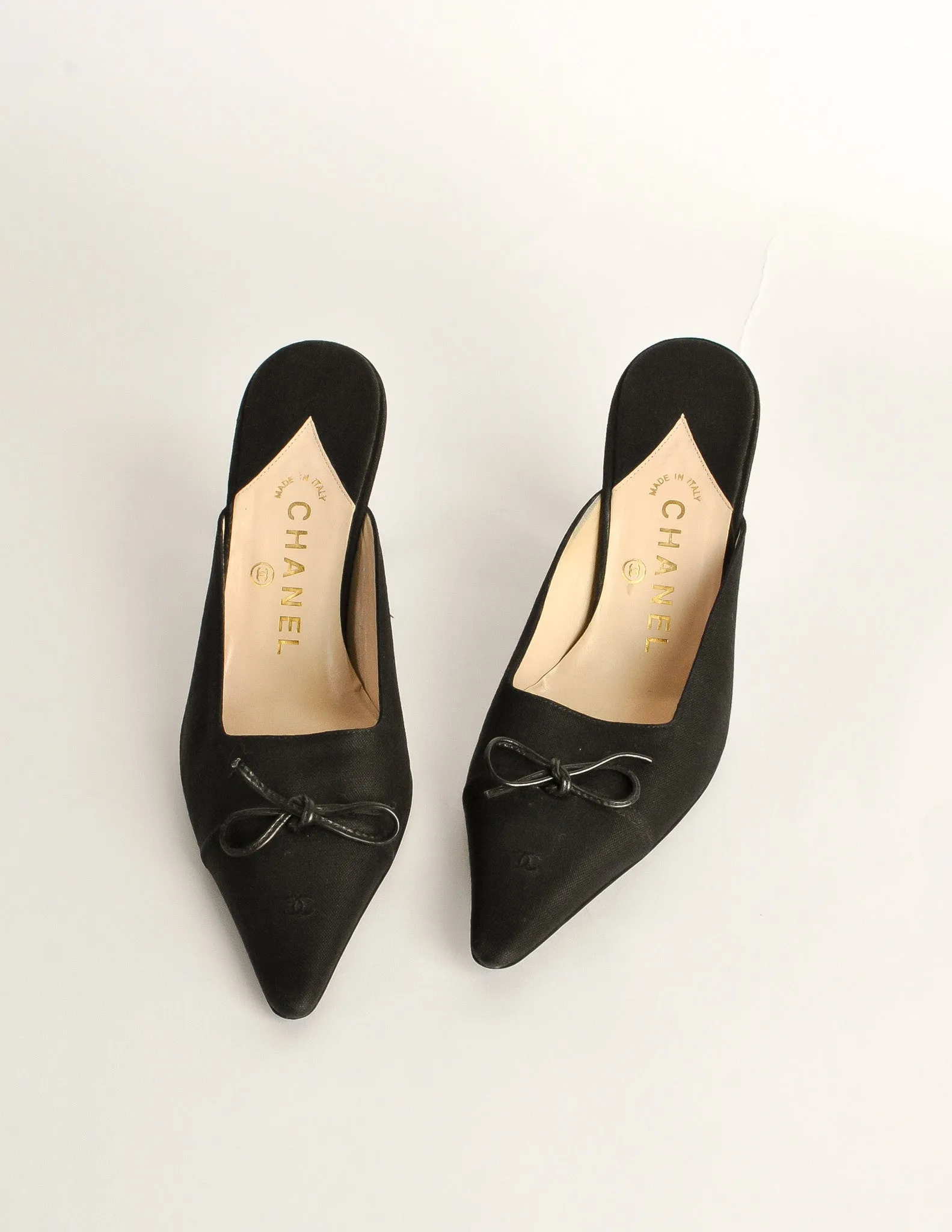 Chanel Vintage Black Pointed Toe Bow Mules