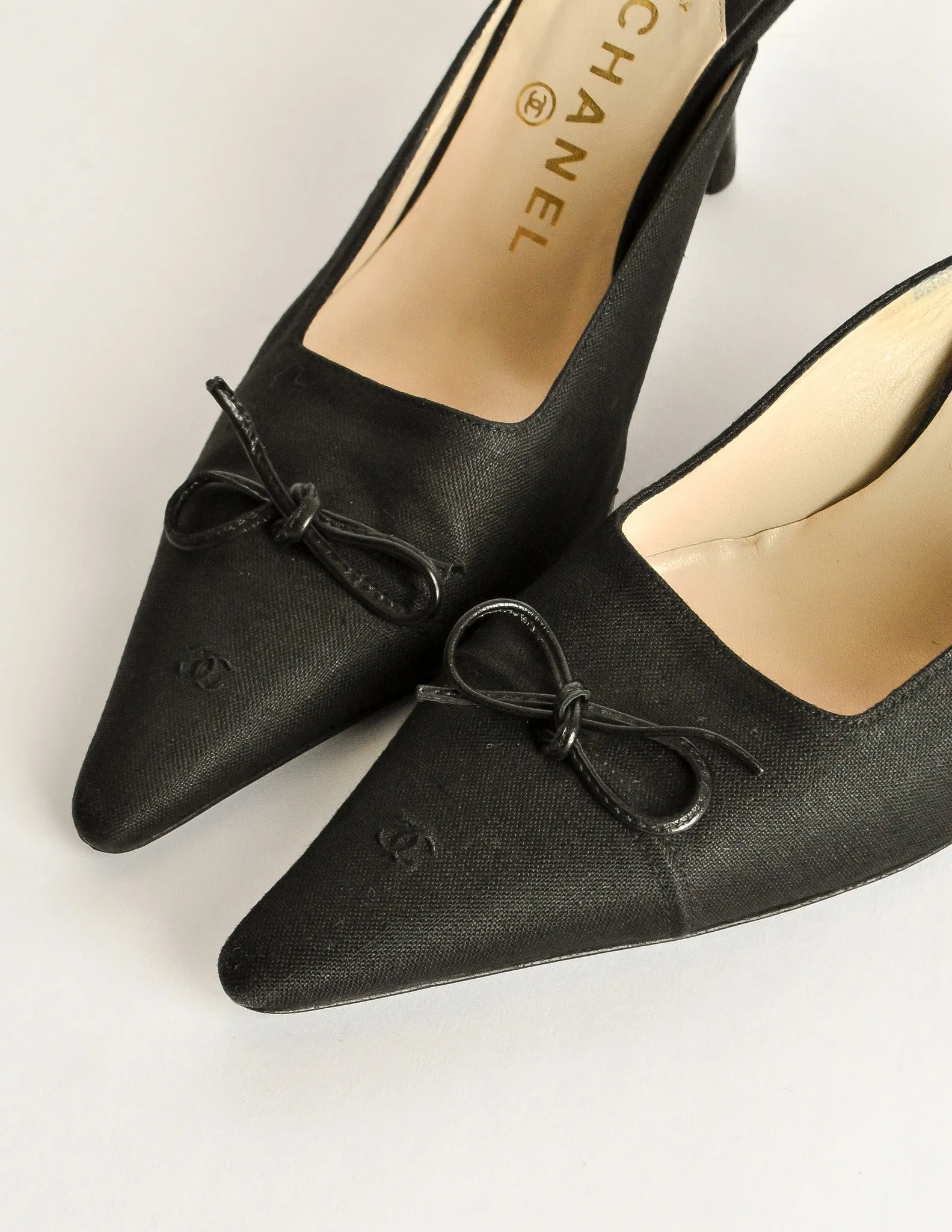 Chanel Vintage Black Pointed Toe Bow Mules