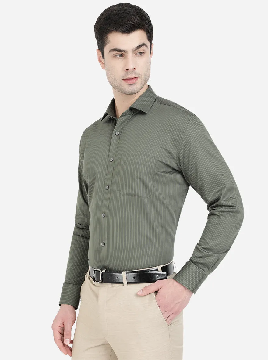 Dark Green Striped Regular Fit Formal Shirt | JadeBlue