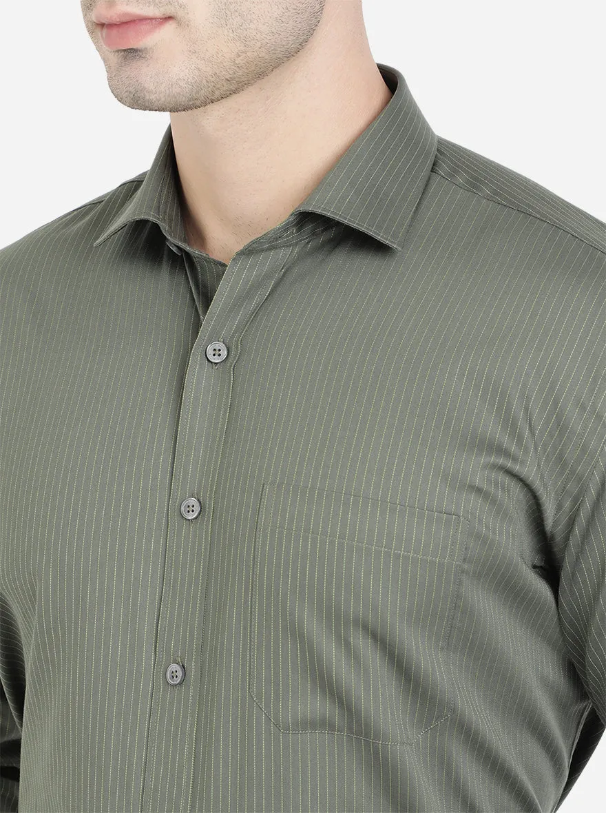 Dark Green Striped Regular Fit Formal Shirt | JadeBlue