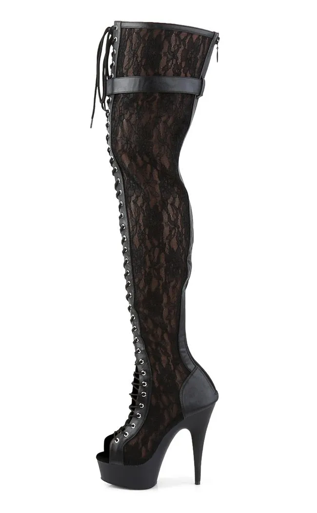 DELIGHT-3025ML Black Lace Thigh High Boots