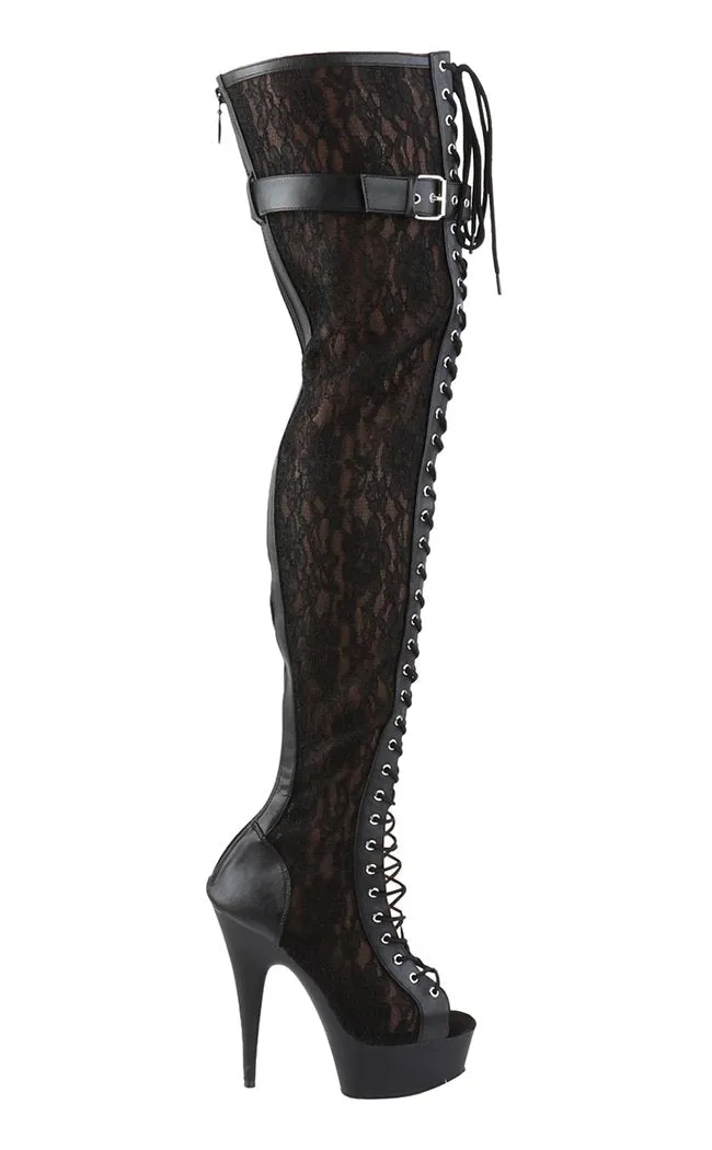 DELIGHT-3025ML Black Lace Thigh High Boots