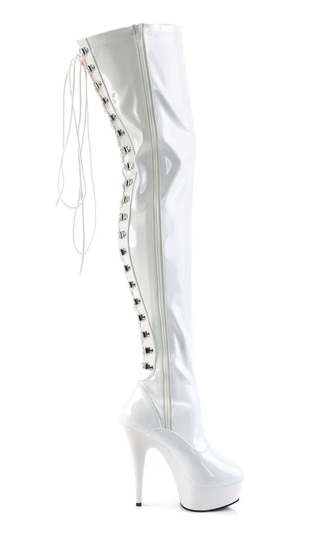 DELIGHT-3063 White Patent Thigh High Boots