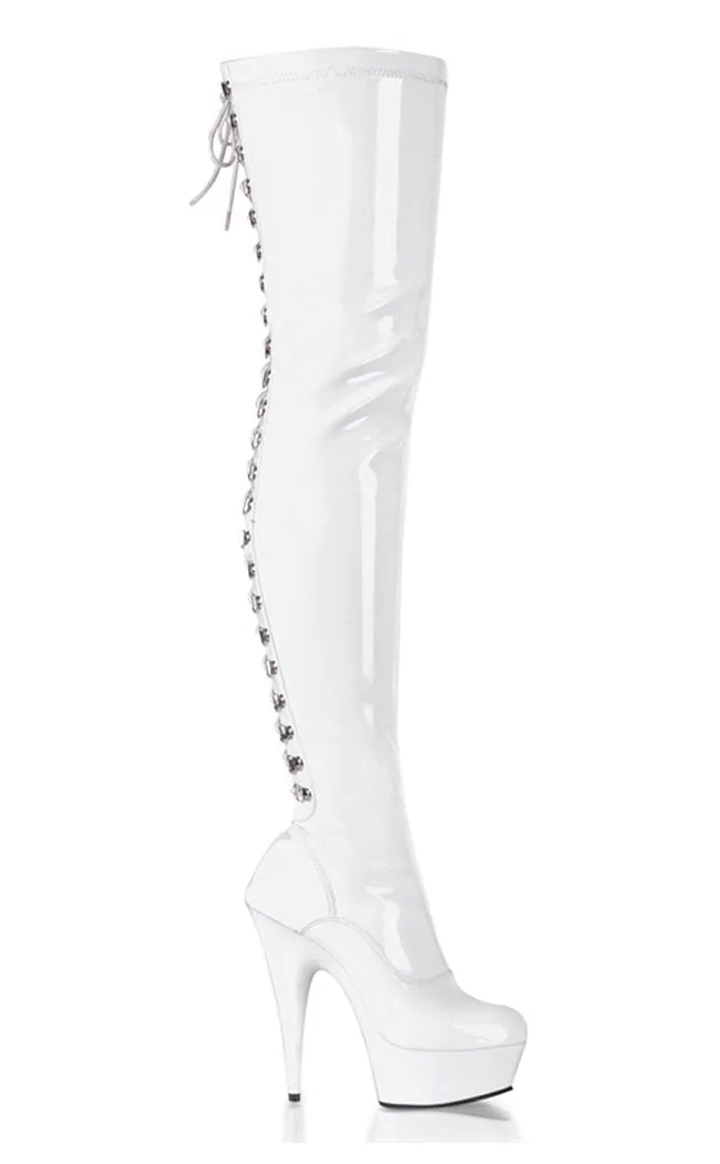 DELIGHT-3063 White Patent Thigh High Boots