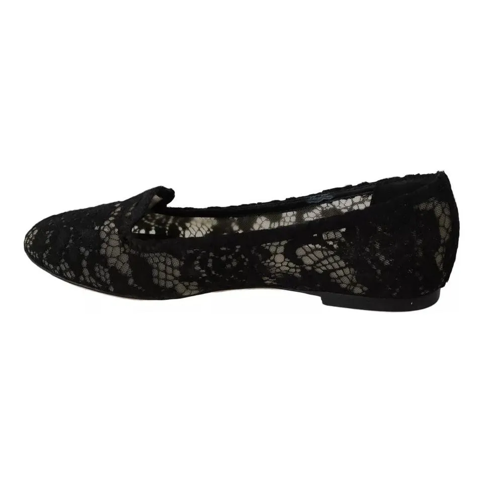 Dolce & Gabbana Black Floral Lace Loafers Flats Shoes